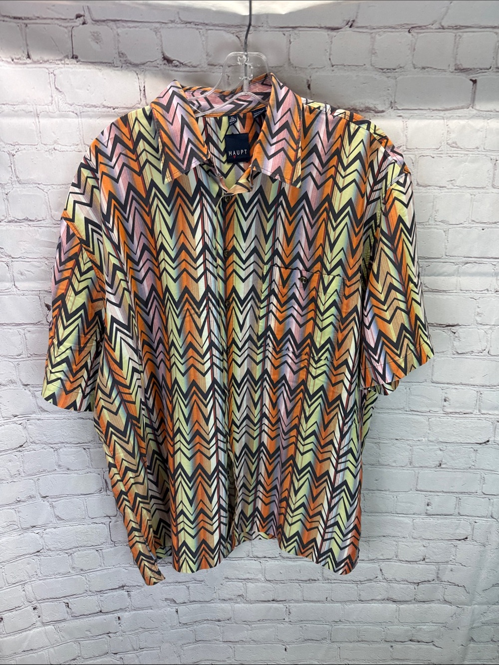 HAUPT Germany Mens Short Sleeve Button Up Shirt XL Chevron Zig Zag Geometric